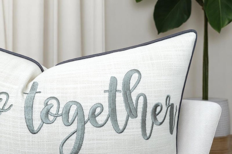 YugTex Romantic Couple Love Sentiment Embroidered Decorative Sayings Lumbar Accent Throw Pillowcase - and So Together Phrase Decor for Wedding, Anniversary, Valentine - 12x20 Inches, Ivory-Grey - Image 2